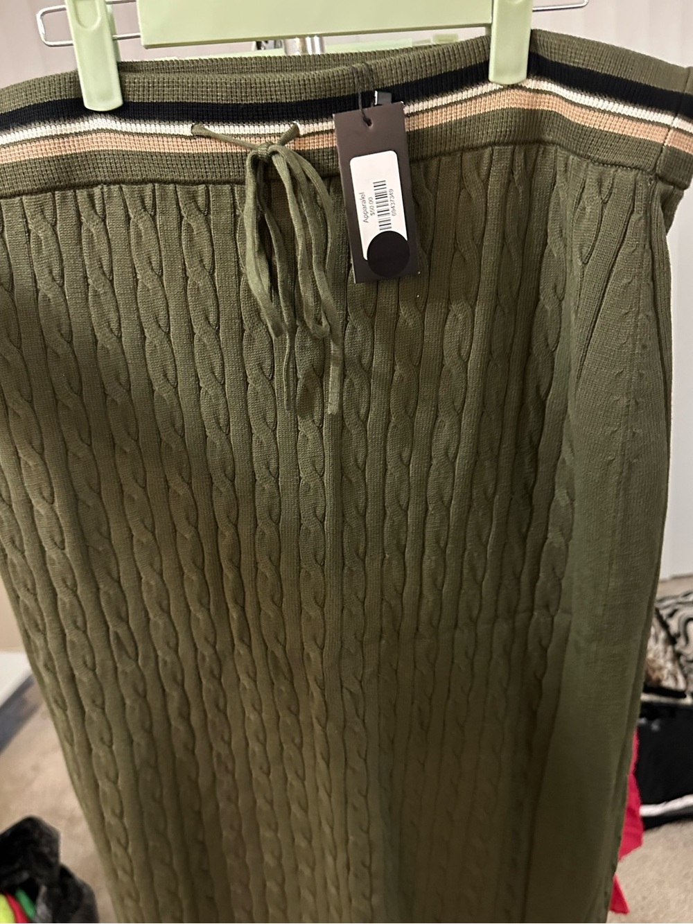Olive Cable-Knit Midi Skirt with Drawstring Waist